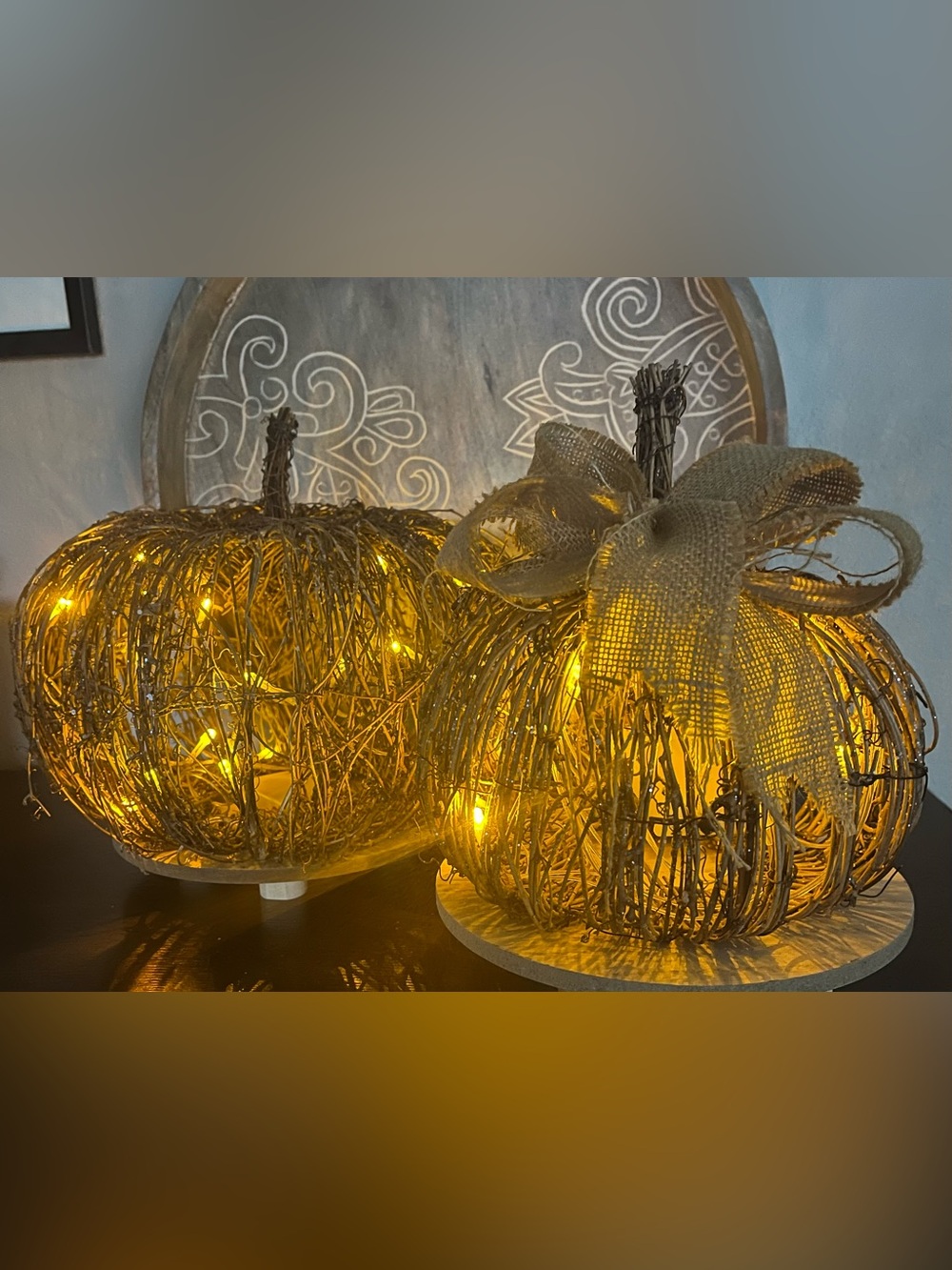 Pier 1 Set of 2 Amber Lighted Twig Pumpkins 1 w/Burlap Bow, Battery Powered